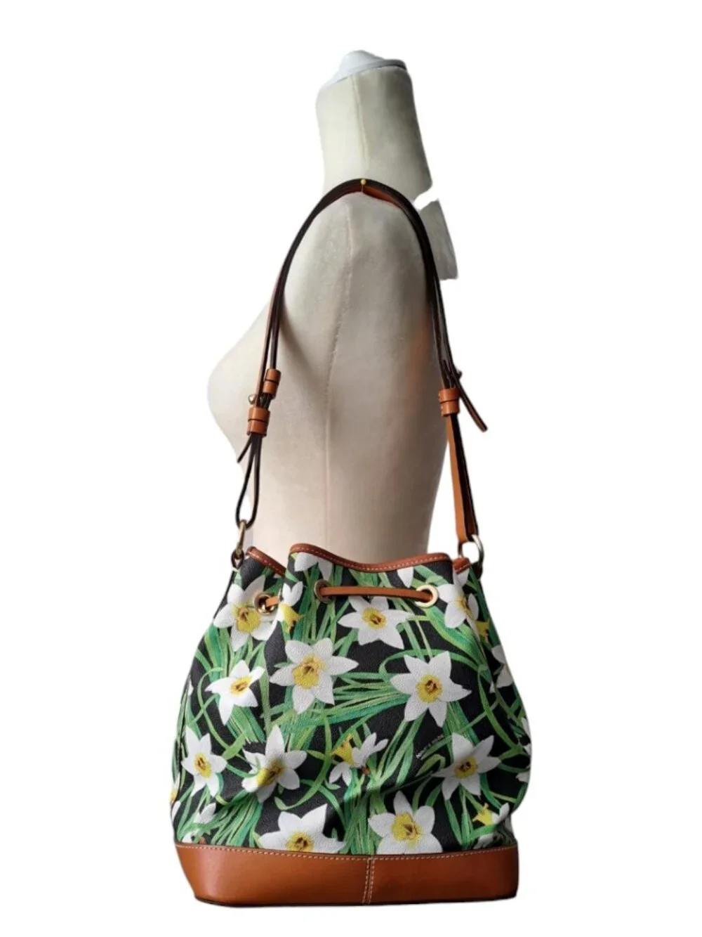 Dooney & Bourke Daffodil Tassel Drawstring Bucket Bag Purse Floral Leather Trim